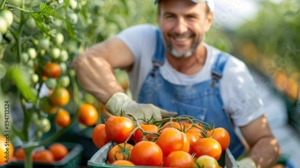 Fototapeta A cheerful farmer harvests bright red tomatoes under the sun in his thriving garden, showcasing the fulfillment that comes with nurturing and hard work on the farm.
