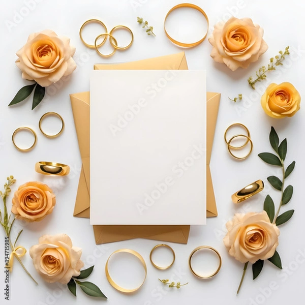 Fototapeta Wedding invitation card template. Top view blank paper card, ribbon, golden rings, flowers on white background.