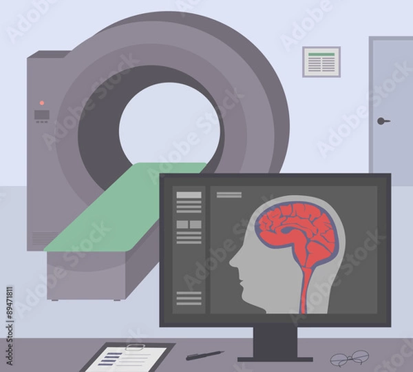 Fototapeta Radiologic room with a computer tomograph. MRI / CT diagnostic scanner and monitor to scan the human brain on the screen.