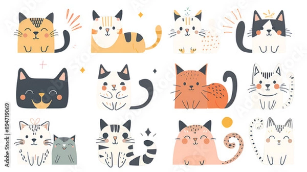Fototapeta Set of Cat Elements for Graphic and Web Design - Minimal Style with Fresh Colors on Transparent Background