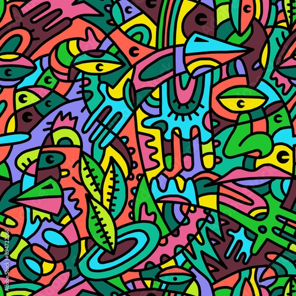 Fototapeta Abstract mosaic pattern painted in bright colors from geometric shapes drawn by hand.Seamless background.