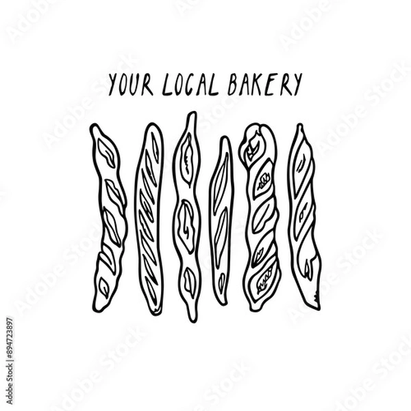 Fototapeta Vector illustration of hand drawn traditional French baguettes. Ink drawing, graphic style. Beautiful bakery or food industry design elements.
