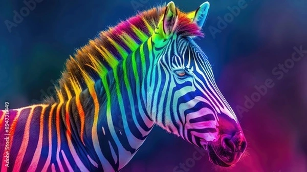 Fototapeta A vibrant, colorful zebra portrait showcasing its striking stripes in a surreal and artistic style.