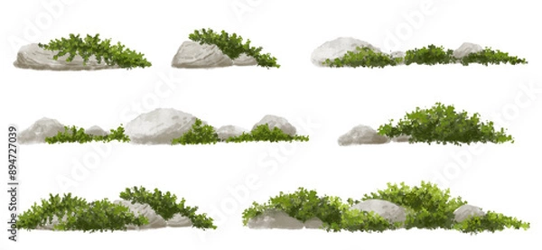 Fototapeta Vector watercolor of grass with rock for landscape and architecture drawing, elements for environment and garden, painting botanical for section,meadows or moss,green area