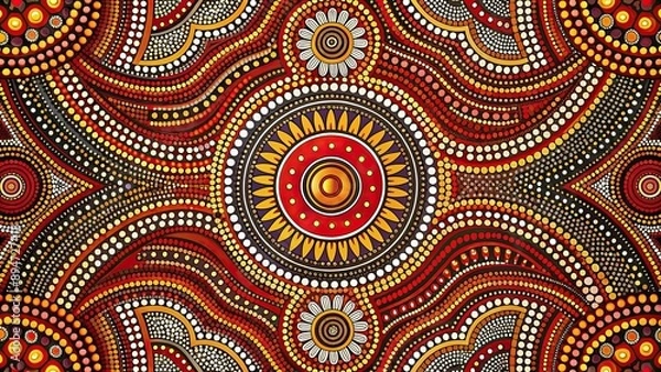 Fototapeta Traditional Australian Aboriginal tribal pattern design with vibrant colors and intricate geometric shapes