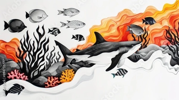 Fototapeta Ink drawing of a mystical underwater scene, with exotic sea creatures and vibrant coral reefs
