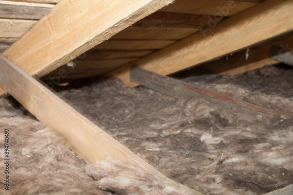 Fototapeta Construction worker mineral wool thermally insulating house attic with glass wool