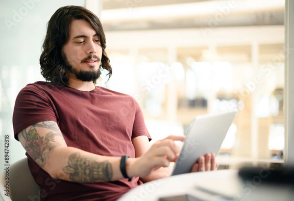 Obraz Man, tablet or planning for web design research, ideas or vision for it programming algorithm. Coder, designer or software developer reading on technology for communication, social media or iot app