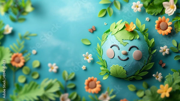 Obraz A smiling earth with flowers and leaves surrounding it