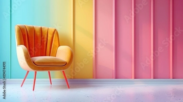 Fototapeta Vibrant Modern Interior with Yellow Armchair Against Colorful Gradient Wall in Minimalist Setting