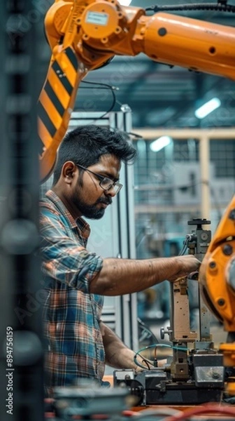 Fototapeta Engineer working with robotic arm in modern factory