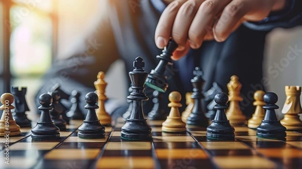 Fototapeta A businessman strategically moving chess pieces on a board, symbolizing strategic thinking, planning, and decision-making in business.