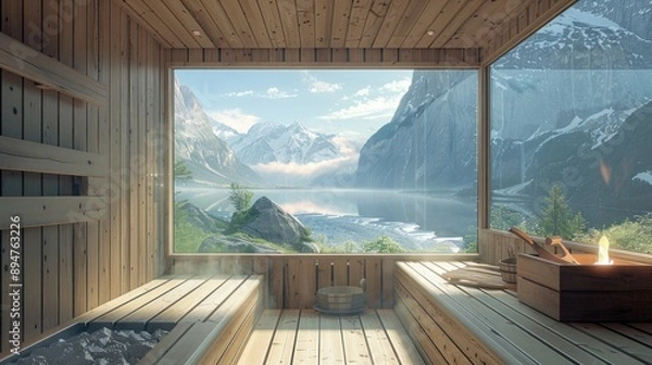 Fototapeta Sauna in a mountain cabin, featuring a picturesque window view of the natural scenery.