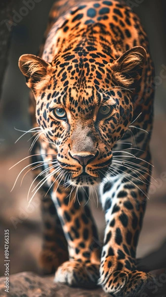 Fototapeta Leopard with fierce look while crouching close-up view