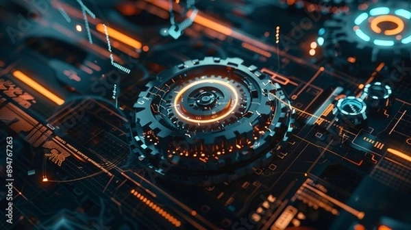 Obraz Digital gears on future tech background. Productivity evolution. Futuristic gears and digital chart in world of technological progress and innovation. CGI 3D render