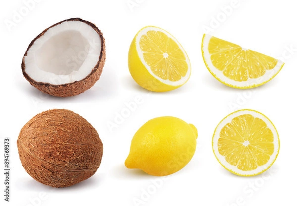 Fototapeta Lemons and coconuts isolated on white background. Collection.