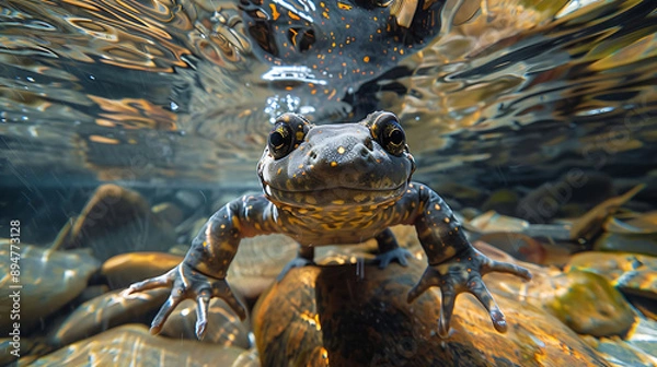 Fototapeta Hellbender salamander in crystal clear stream, underwater view, 