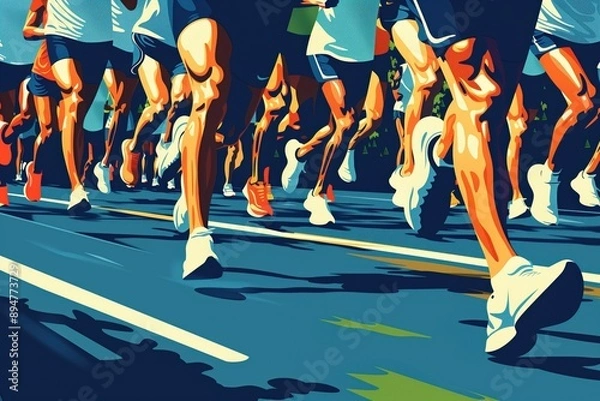 Fototapeta Marathon race, runners on course, detailed flat design illustration showing marathon runners on the course, with vibrant colors and dynamic movement, capturing the endurance and determination of the