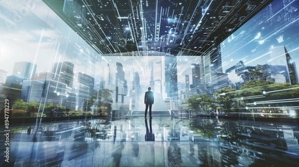 Fototapeta Leadership Businessman Smart Digital Cityscape High-Tech Data Streams Futuristic