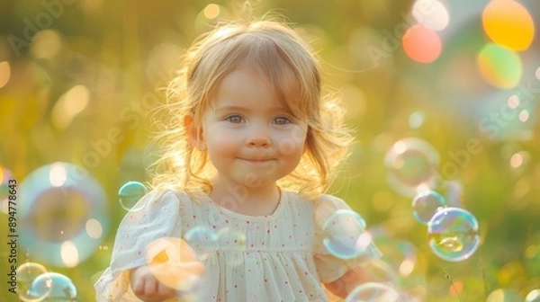 Fototapeta Toddler Playing with Bubbles in Sunlit Field
