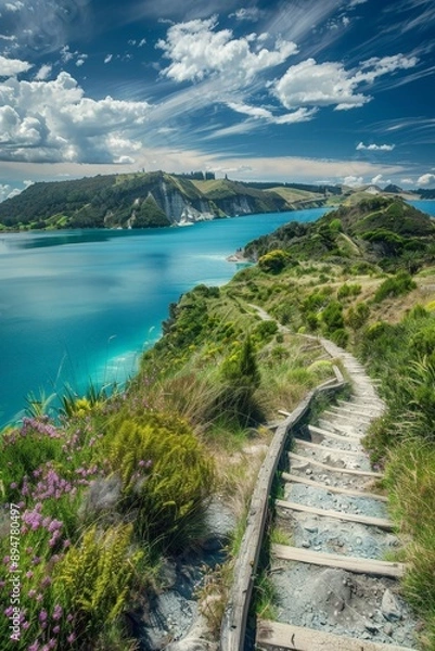 Fototapeta Explore the serene landscapes of New Zealand's North Island, including geothermal wonders in Rotorua and the stunning beaches of Bay of Islands.