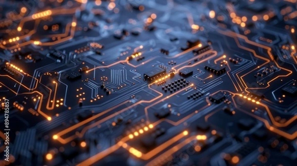 Fototapeta High-Tech Circuit Board with Glowing Pathways