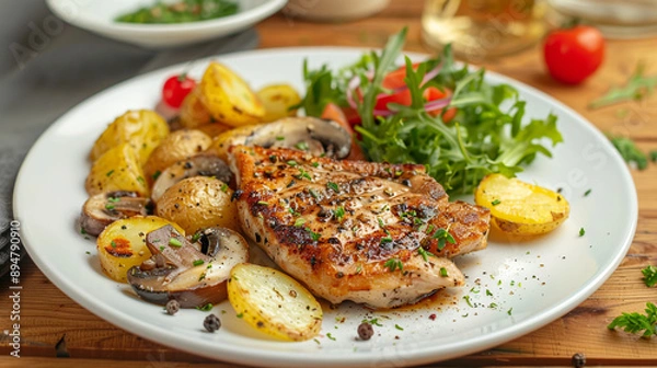 Fototapeta Homemade chicken chop with spices, lettuce and vegetables on a plate.