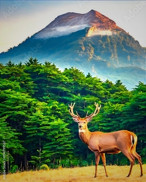 Obraz landscape with mountain and mule dear .
