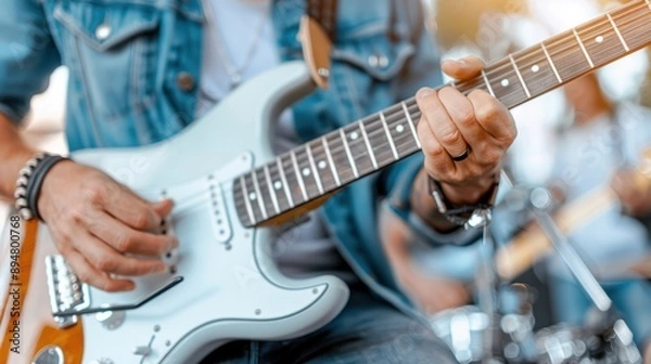 Fototapeta A close-up view of a guitarist's hands skillfully playing an electric guitar during an outdoor performance, showcasing the intricate details and passion of the musician.