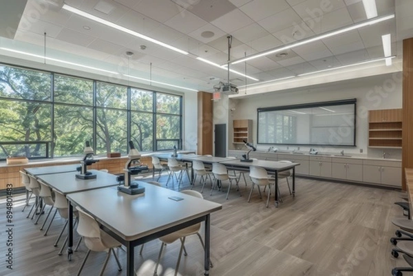 Fototapeta Modern classroom with microscopes and tables.