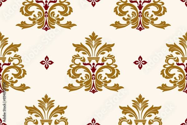 Fototapeta Native ethnic geometric pattern samless gold and red on a light gray background. Native fabric, tiles, rugs, shirts