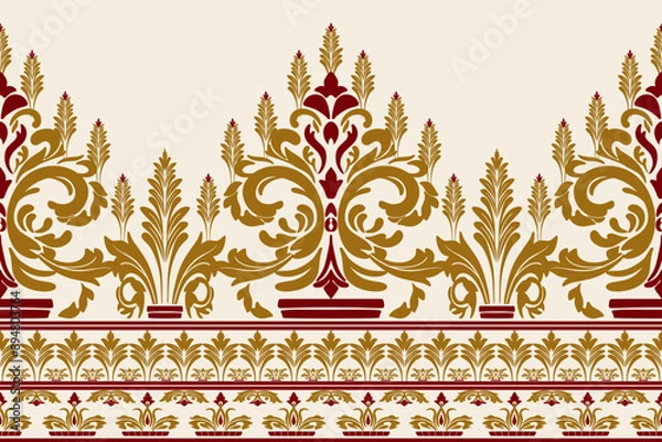 Fototapeta Native ethnic geometric pattern gold and red on a light gray background. Native fabric, tiles, rugs, shirts