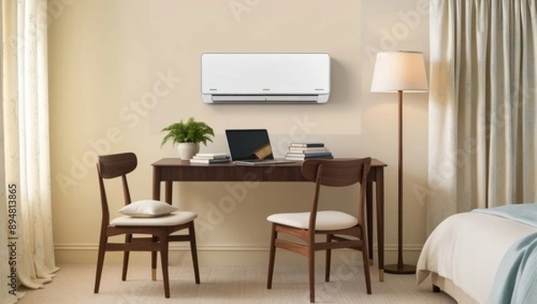 Fototapeta A serene bedroom setting with a prominent study table placed against a light beige wall, surrounded by a pair of matching wooden chairs, one with a soft cushion, and a floor lamp with a cream-colored