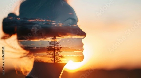 Obraz Artistic double exposure of a woman's silhouette and nature scenery at sunset, symbolizing inner reflection, calm, and connection with nature.