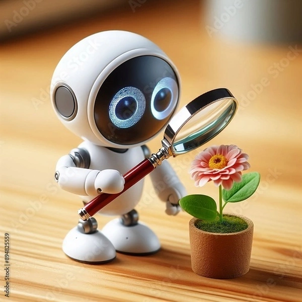 Fototapeta Ai robot looking at a glower through a magnifying glass