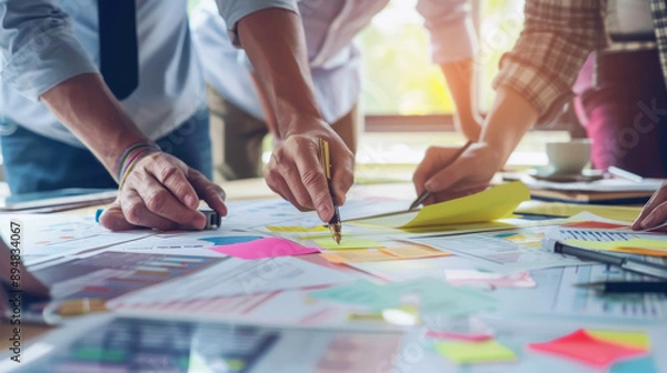 Fototapeta Team di persone che collaborano a un progetto di marketing. Concetto di lavoro di squadra e strategie collaborative nel marketing aziendale
