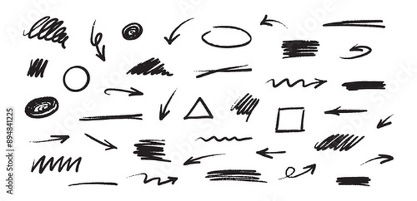 Fototapeta Doodle brush simple elements set. Black lines sketches, underlines, shapes for design with pen marks. Hand drawn vector elements on white background.