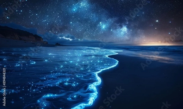 Fototapeta Twinkling stars above and bioluminescent algae below, illuminating a midnight beach walk