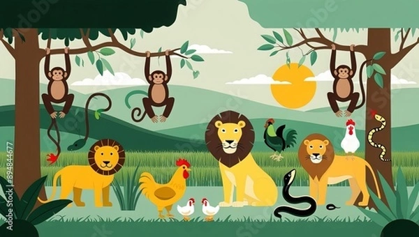 Fototapeta Unique digital illustration of the forest atmosphere with animals