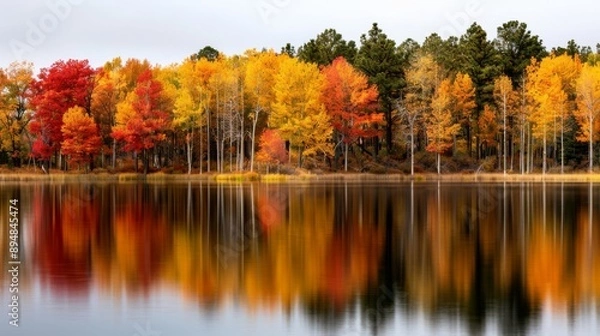 Obraz Vibrant autumn trees reflect beautifully on a calm lake, showcasing nature's stunning fall colors and peaceful scenery.