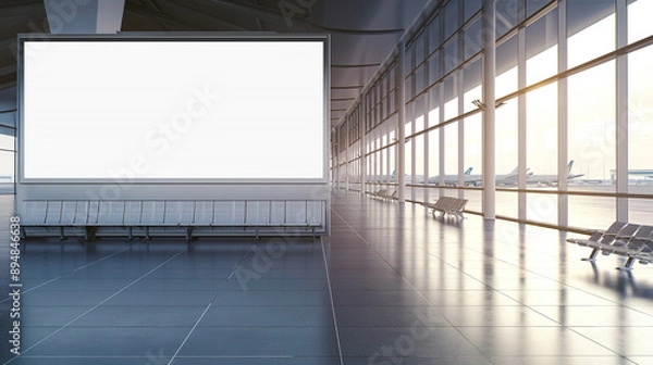 Fototapeta Mockup poster frame of departure lounge at airport, empty horizontal billboard and airplane on destination background, advertising art concept, 3d rendering
