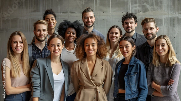 Fototapeta Group of 9 beautiful people in front of a background. Generative AI
