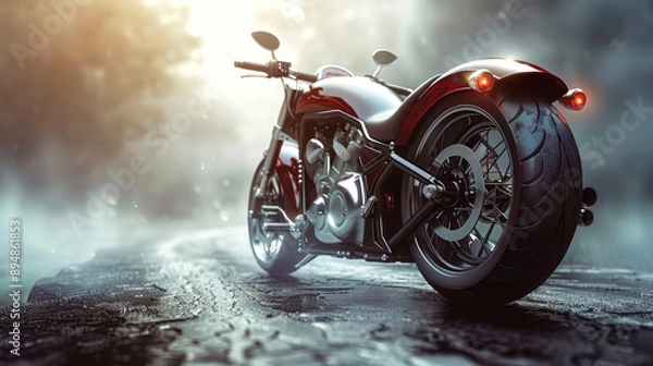 Obraz Modern motorcycle on misty road within dreamy atmosphere.