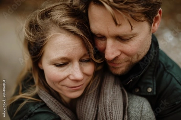 Fototapeta Portrait of a tender caucasian couple in their 30s hugging each other