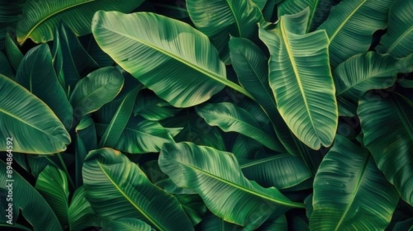Obraz Dark green background with large tropical banana leaves and palm foliage