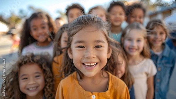 Fototapeta Group of diverse cheerful fun happy multiethnic children. Generative AI