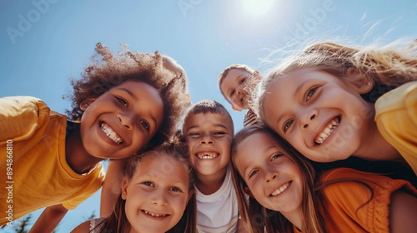 Fototapeta Group of diverse cheerful fun happy multiethnic children. Generative AI