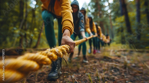 Fototapeta Group of people team pulling line playing tug of war. Generative AI