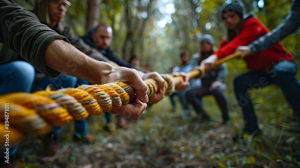 Fototapeta Group of people team pulling line playing tug of war. Generative AI