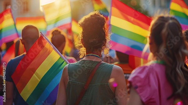 Fototapeta Group of people with rainbow flags and banners during. Generative AI